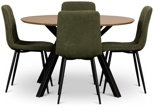 Lynden Light Tone Round Table & 4 Green Upholstered Side Chairs