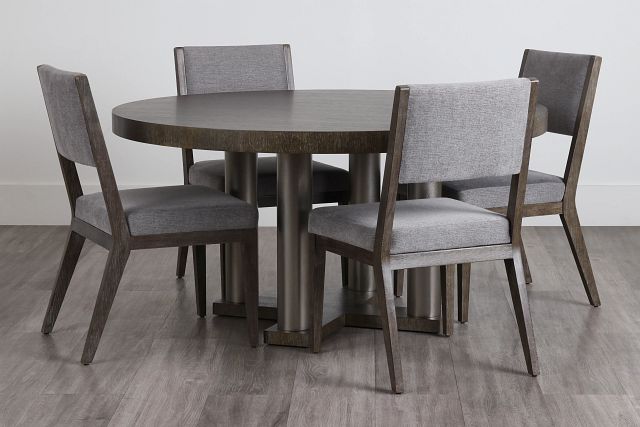 Linea Dark Tone Round Table & 4 Upholstered Chairs