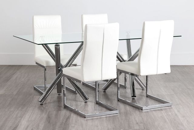Quincy Glass White Table & 4 Upholstered Chairs
