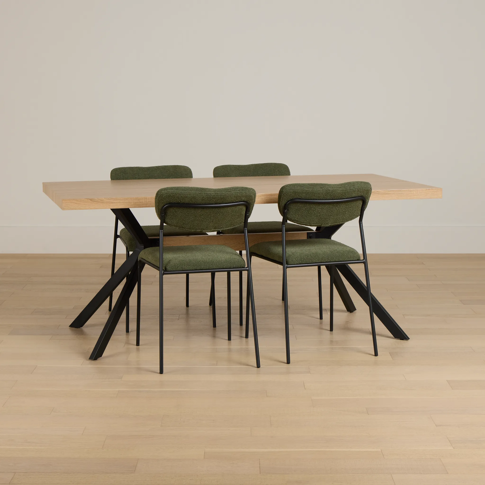 Lynden Light Tone Rect Table & 4 Green Metal Upholstered Side Chairs