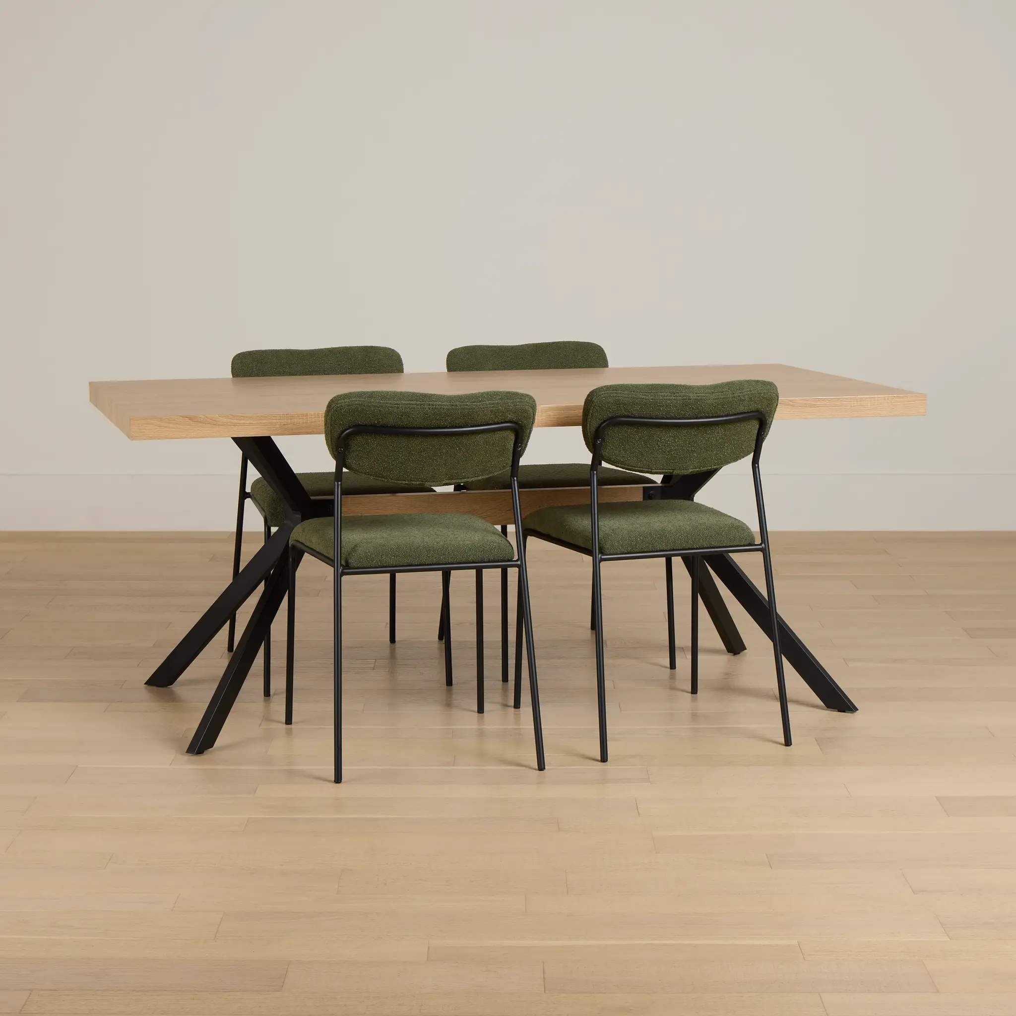 Lynden Light Tone Rect Table & 4 Green Metal Upholstered Side Chairs Lynden Light Tone Rect Table & 4 Green Metal Upholstered Side Chairs