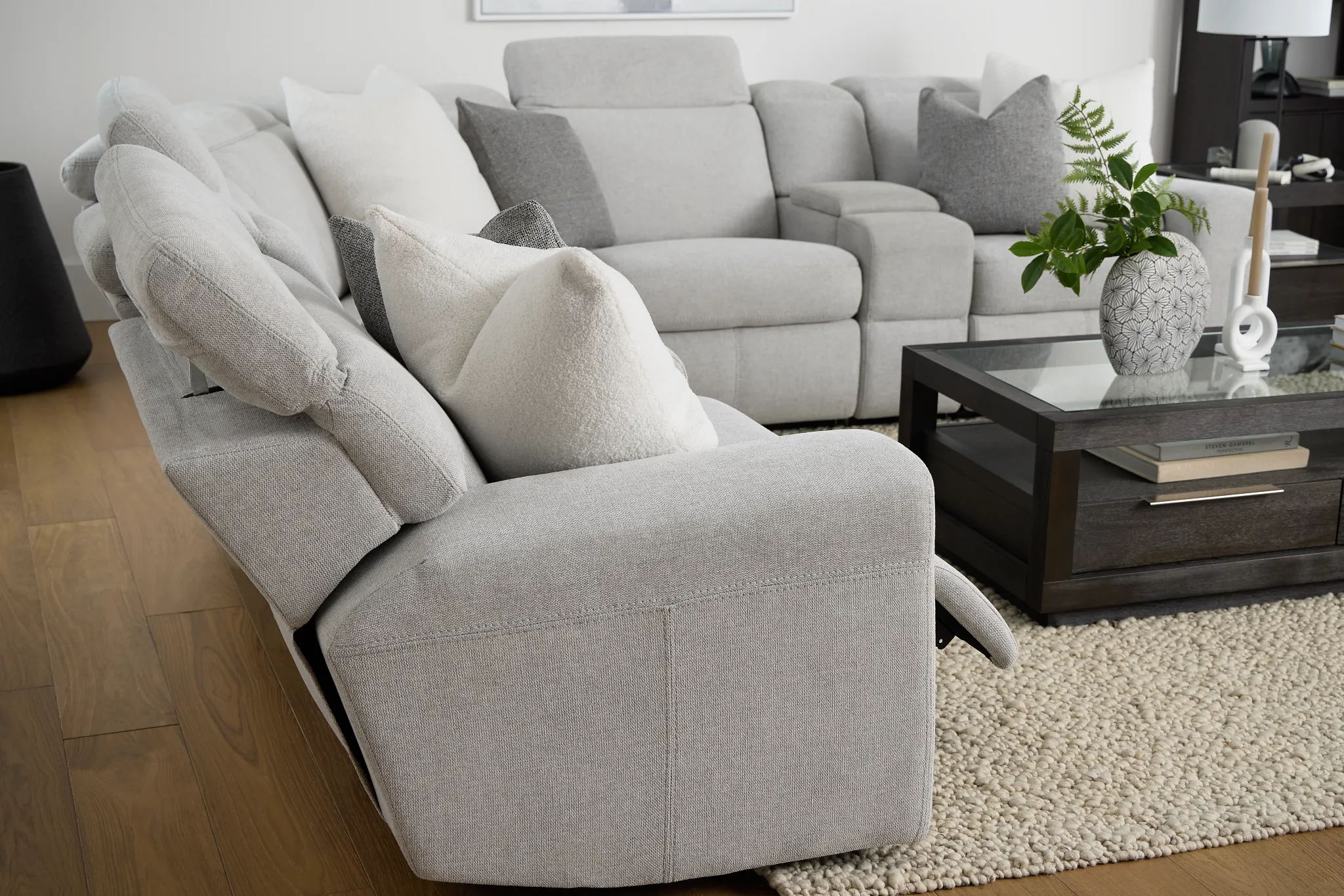 Callum Light Gray Fabric Large Dual Power Reclining Two-arm Sectional