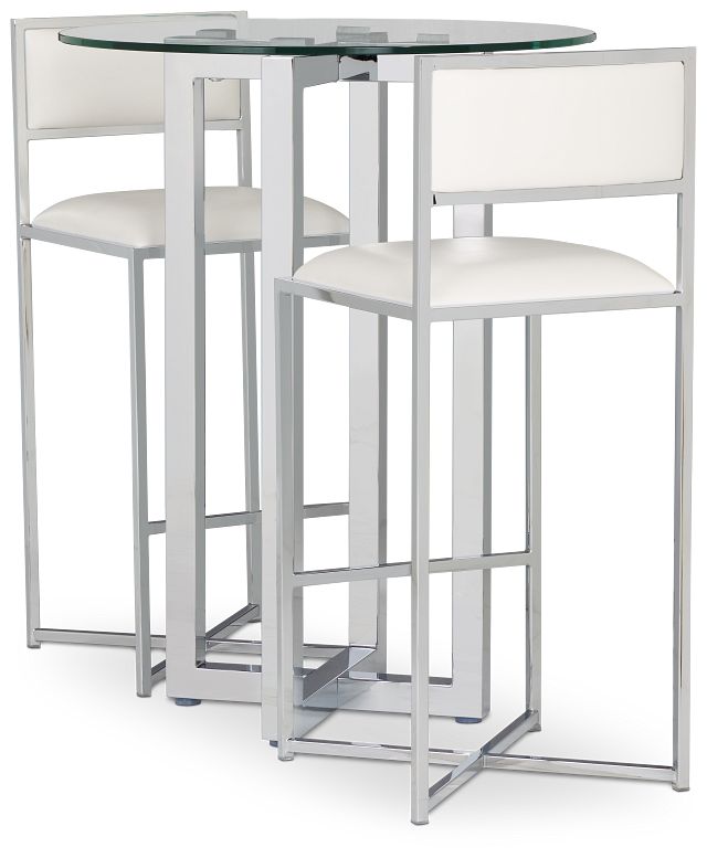 Amalfi White Glass Pub Table & 2 Metal Barstools