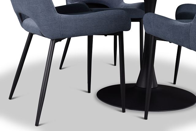 Brela Black Round Table & 4 Dark Blue Upholstered Chairs