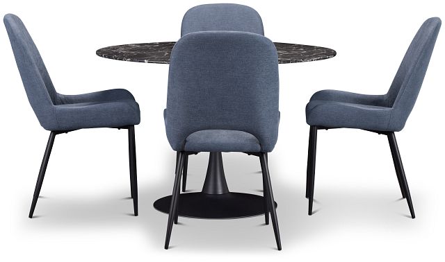 Brela Black Marble Round Table & 4 Dark Blue Upholstered Chairs (2)