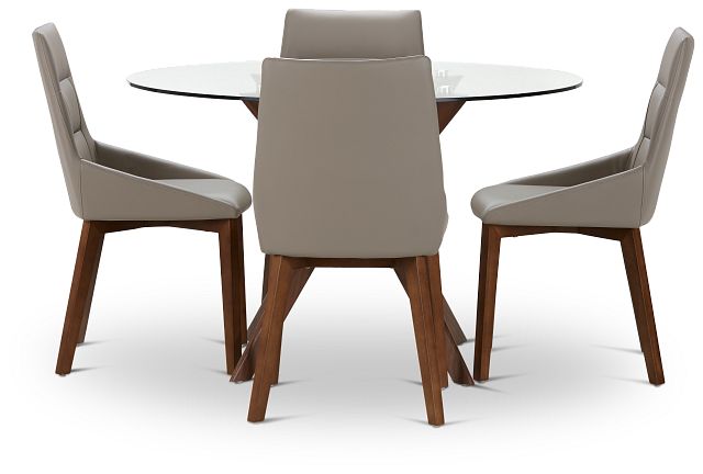 Fresno Glass Taupe Round Table & 4 Upholstered Chairs