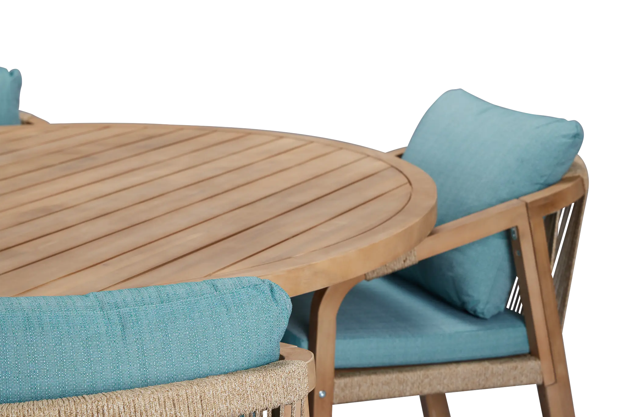 Laguna Light Tone Round Table & 4 Teal Cushioned Chairs Laguna Light Tone Round Table & 4 Teal Cushioned Chairs