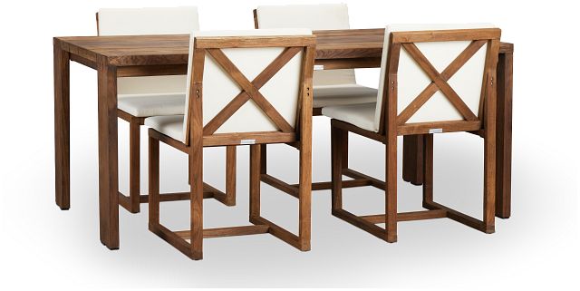 Linear 70" White 70" Teak Table & 4 Cushioned Side Chairs