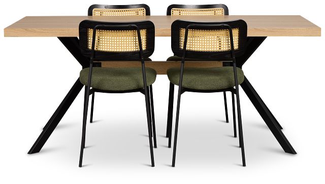 Lynden Light Tone Rect Table & 4 Green Woven Upholstered Side Chairs