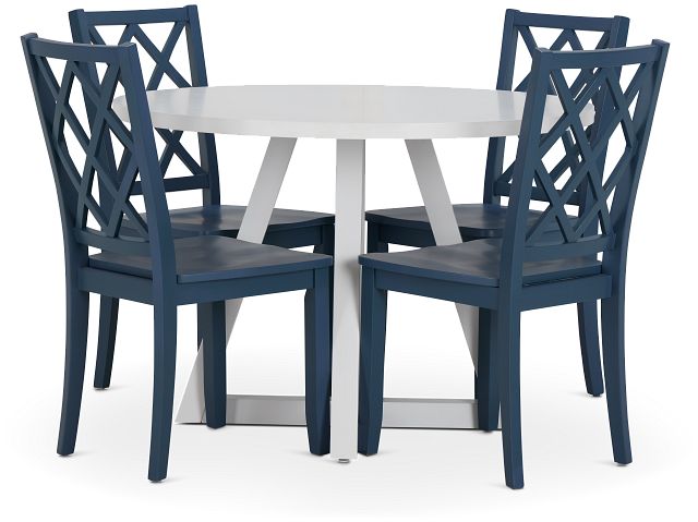 Edgartown White Round Table & 4 Navy Wood Chairs