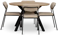 Lynden Light Tone Round Table & 4 Beige Metal Upholstered Side Chairs