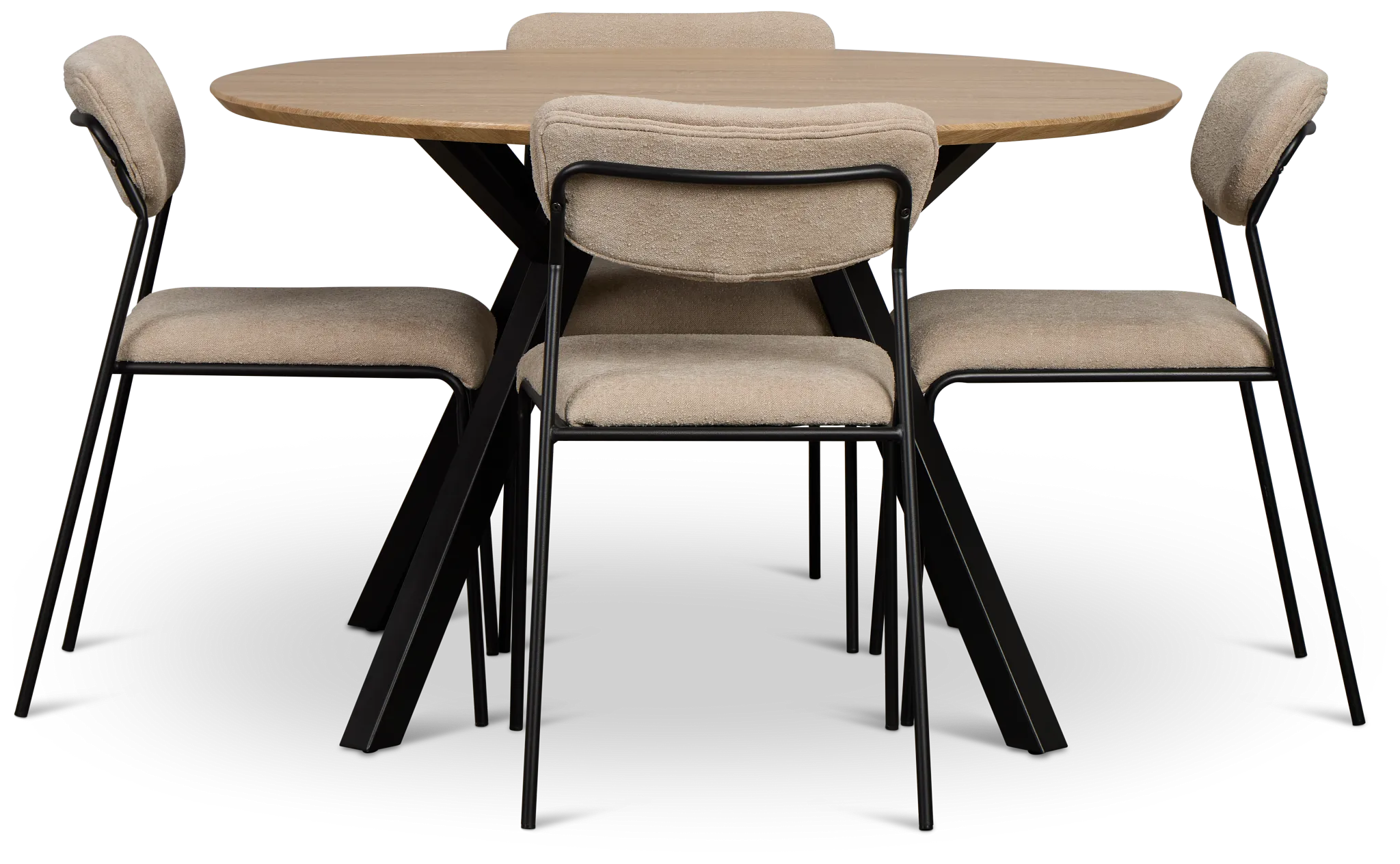 Lynden Light Tone Round Table & 4 Beige Metal Upholstered Side Chairs