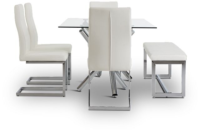 Quincy Glass White Table, 4 Chairs & Bench (3)
