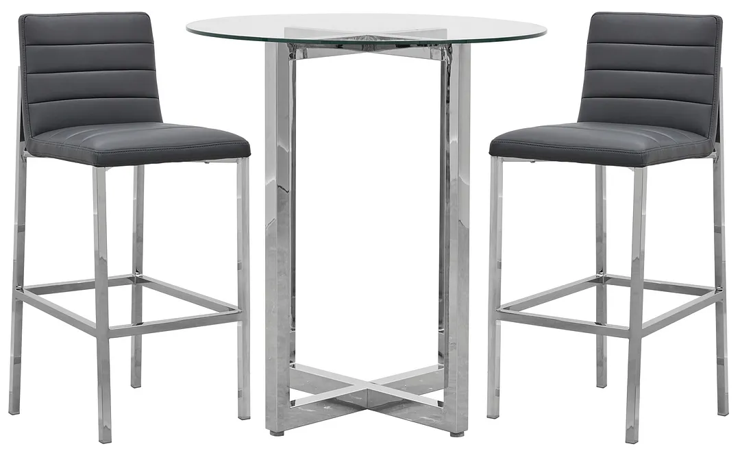 Amalfi Gray Glass Pub Table & 2 Upholstered Barstools