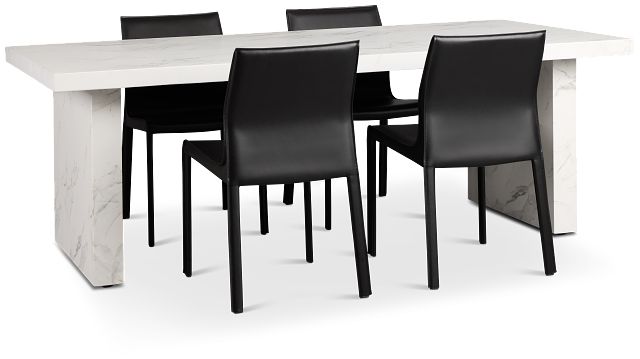 Viscaya White Rect Table & 4 Black Upholstered Chairs