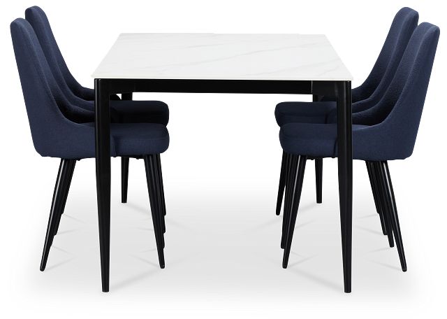 Andover White Rect Table & 4 Dark Blue Upholstered Curved Chairs