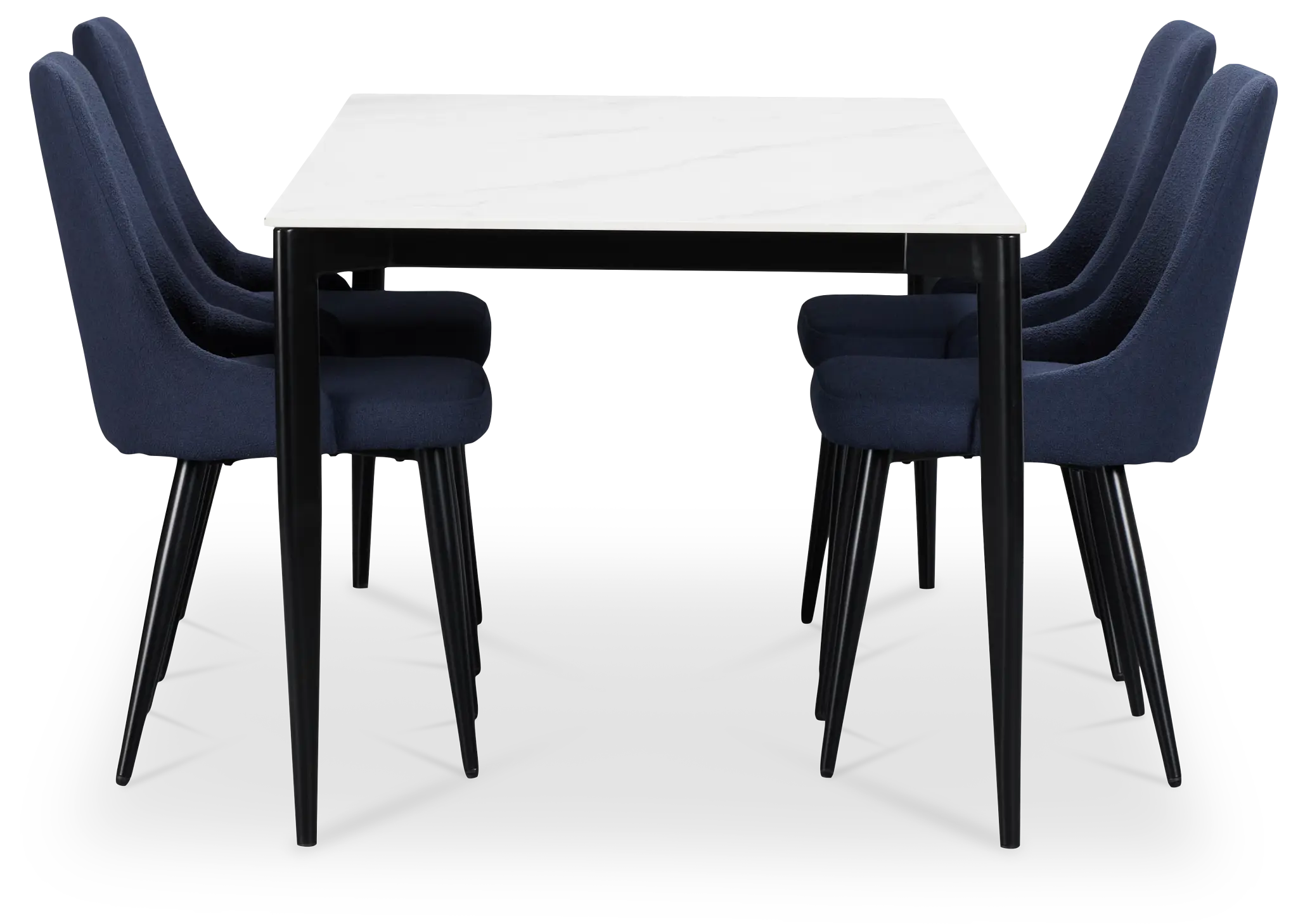 Andover White Rect Table & 4 Dark Blue Upholstered Curved Chairs Andover White Rect Table & 4 Dark Blue Upholstered Curved Chairs