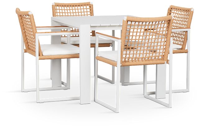 Sunrise White 35" Square Table & 4 Teak Arm Chairs