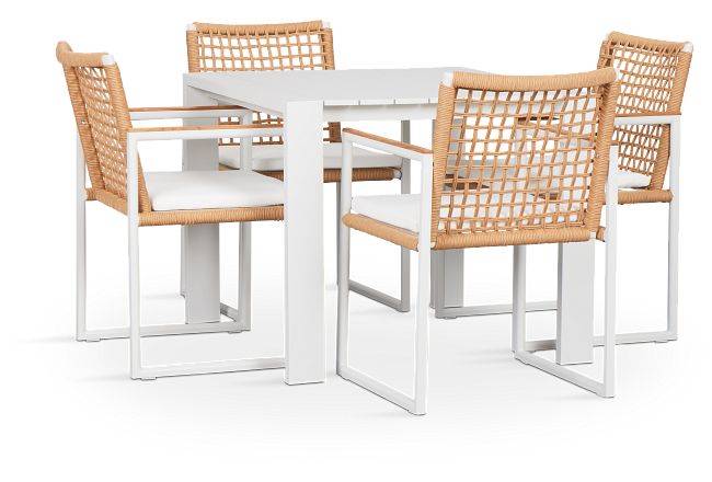 Sunrise White 35" Square Table & 4 Teak Arm Chairs