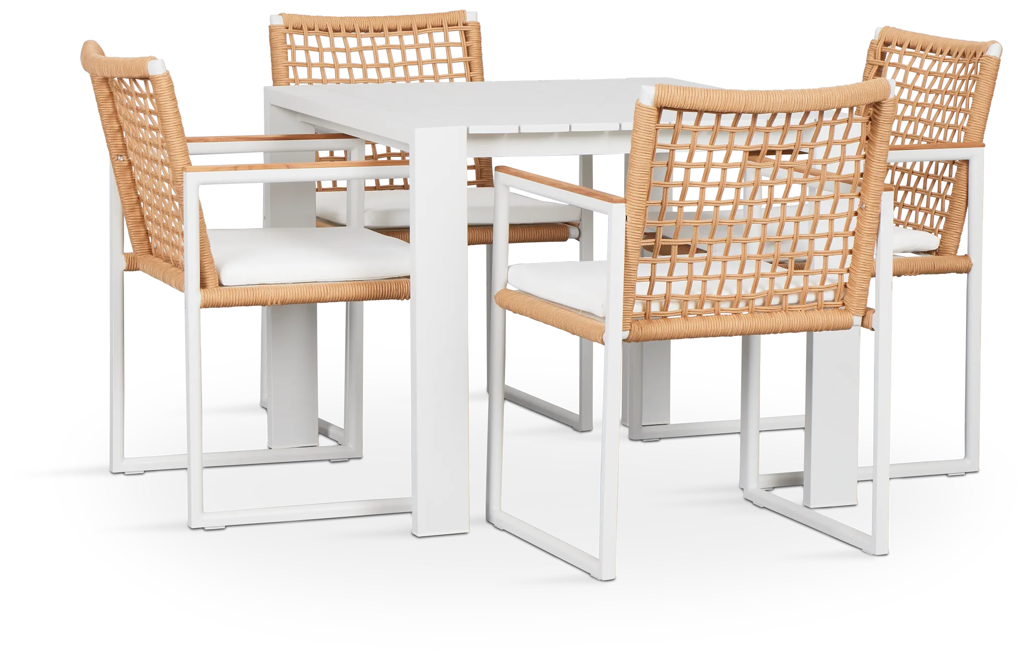 Sunrise White 35" Square Table & 4 Teak Arm Chairs
