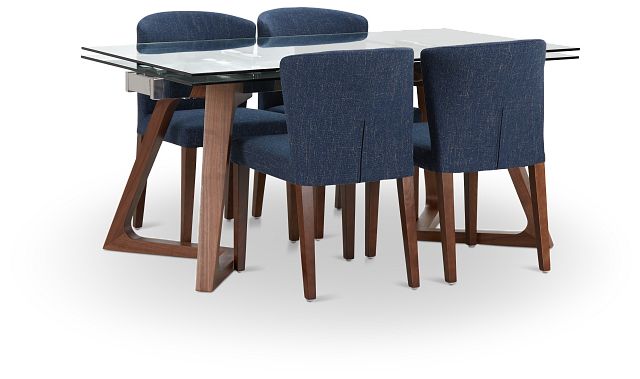 Fresno Glass Dk Blue Rectangular Table & 4 Upholstered Chairs (1)