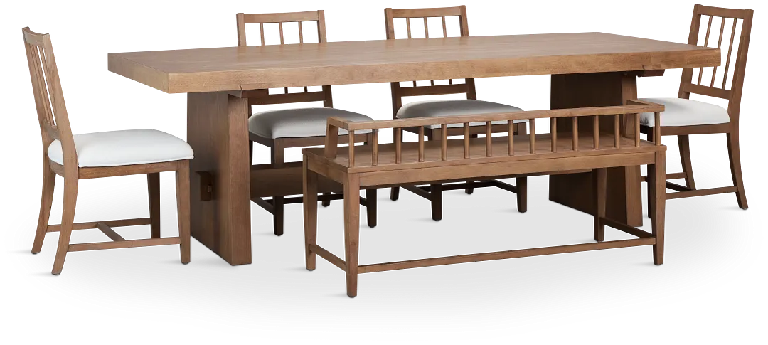 Provo Mid Tone Trestle Table, 4 White Chairs & Bench