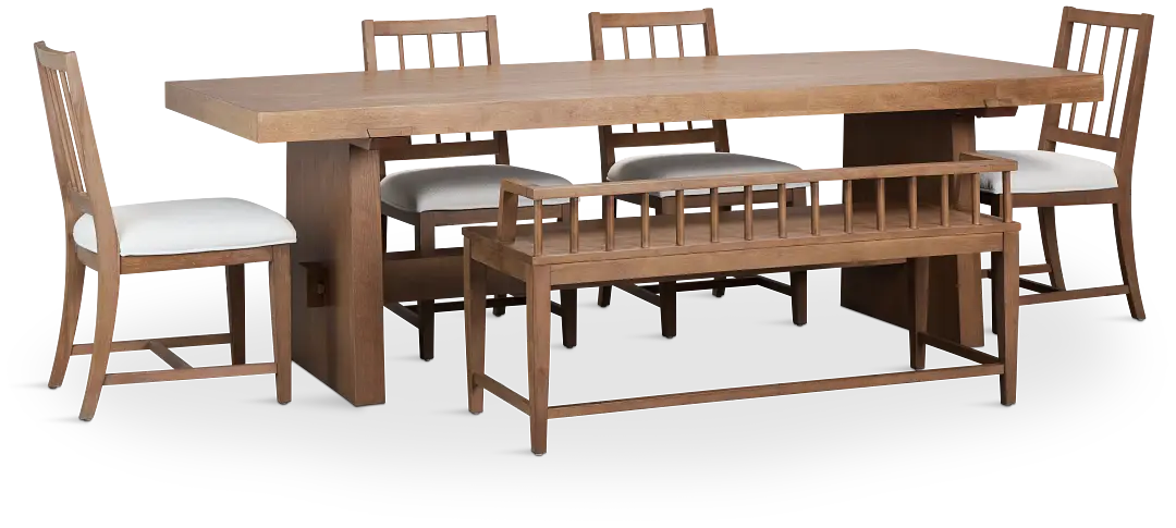 Provo Mid Tone Trestle Table, 4 White Chairs & Bench Provo Mid Tone Trestle Table, 4 White Chairs & Bench