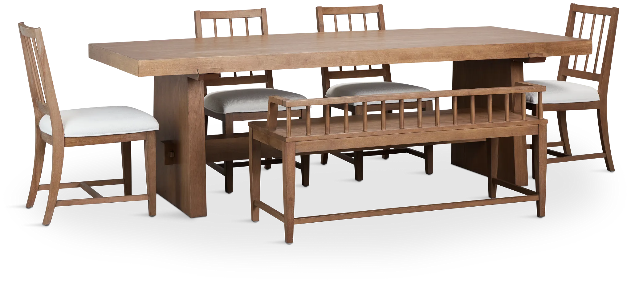 Provo Mid Tone Trestle Table, 4 White Chairs & Bench