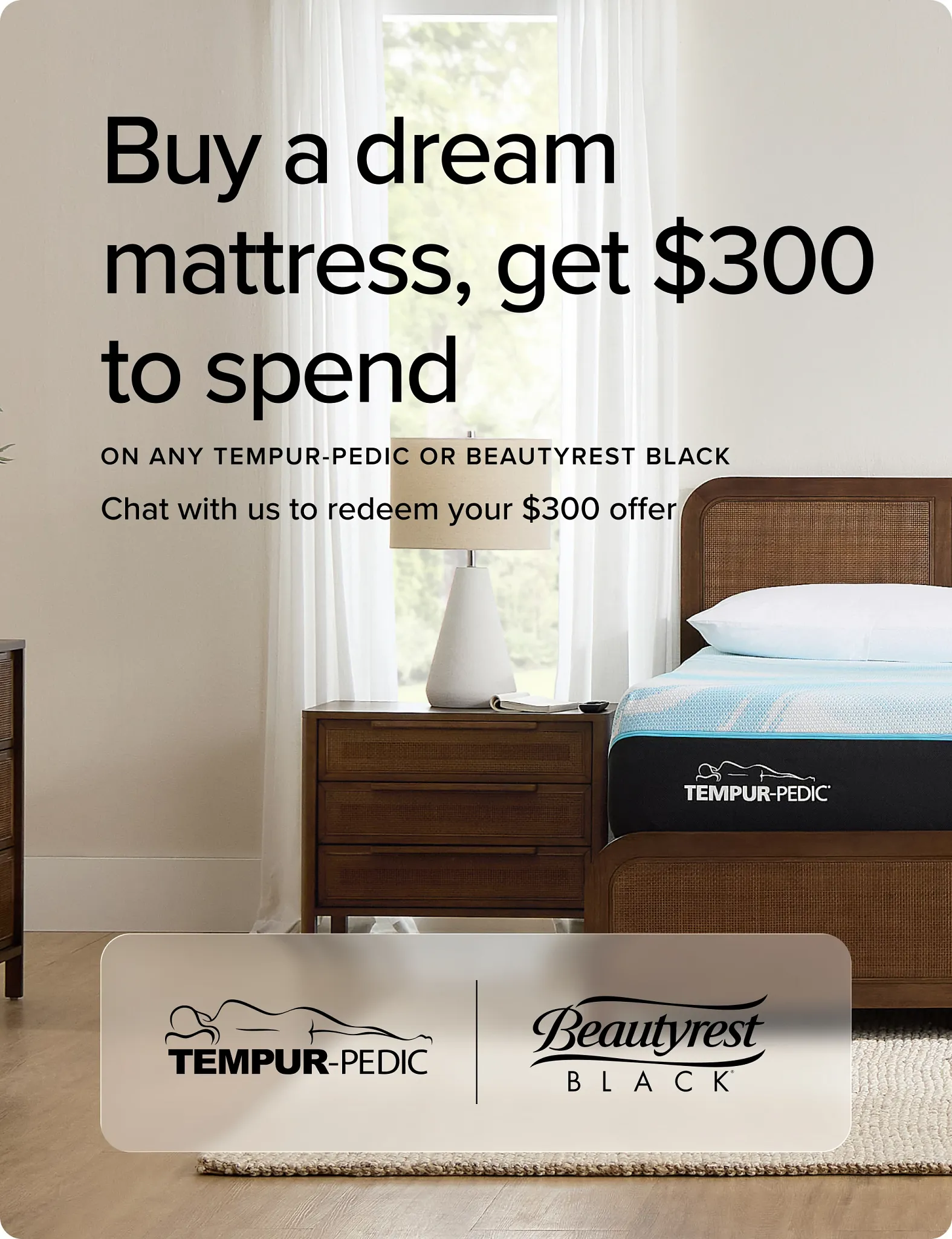 Buy A Dream Mattress Get dollar 300 To Spend on Any Tempur-Pedic or Beautyrest Black.