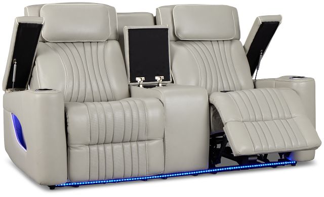 Nova Light Gray Lthr/vinyl Power Reclining Console Loveseat W/ Massage