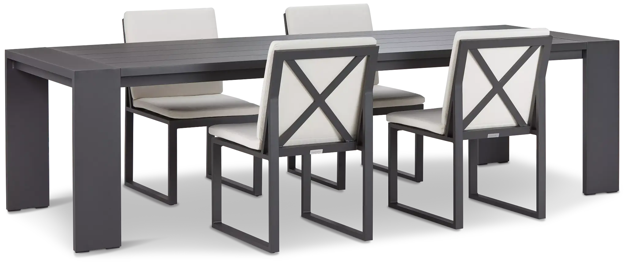 Linear Dark Gray White 110" Aluminum Table & 4 Cushioned Side Chairs Linear Dark Gray White 110" Aluminum Table & 4 Cushioned Side Chairs