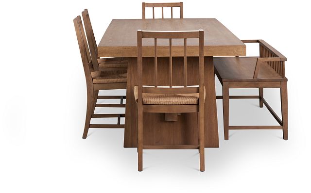 Provo Mid Tone Trestle Table, 4 Woven Chairs & Bench