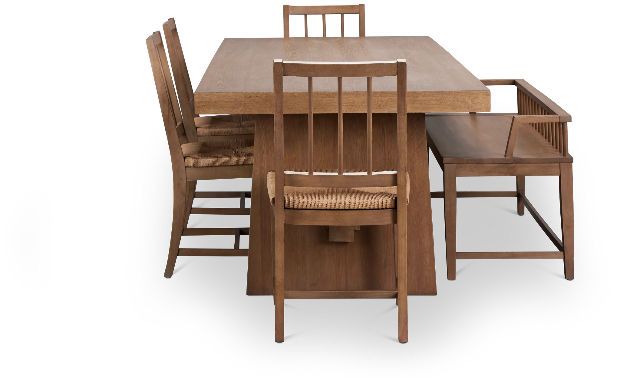Provo Mid Tone Trestle Table, 4 Woven Chairs & Bench