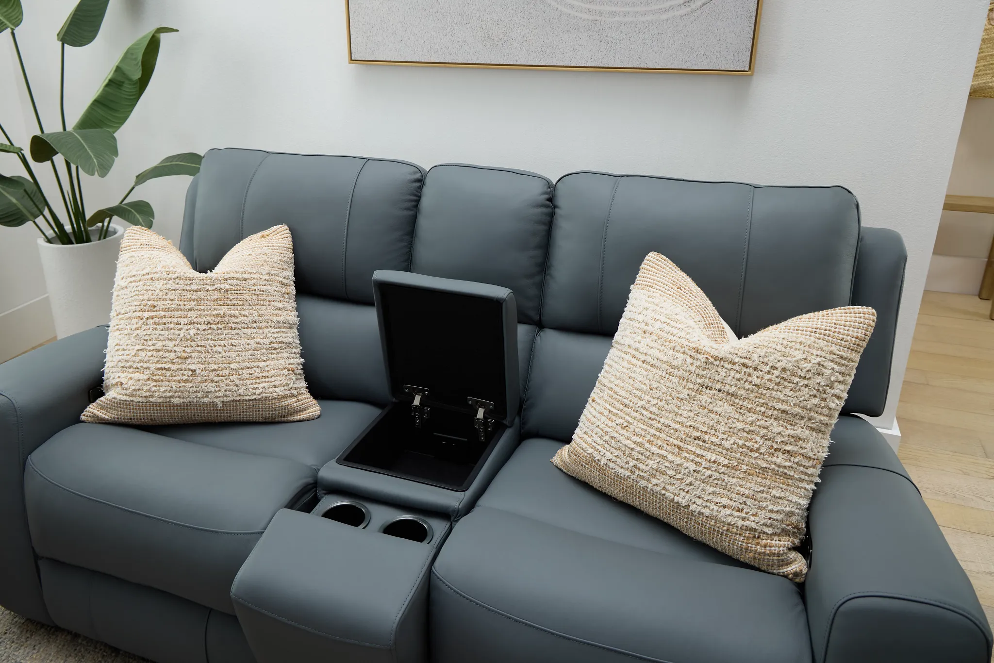 Summit Blue Lthr/vinyl Power Reclining Console Loveseat W/ Power Headrest