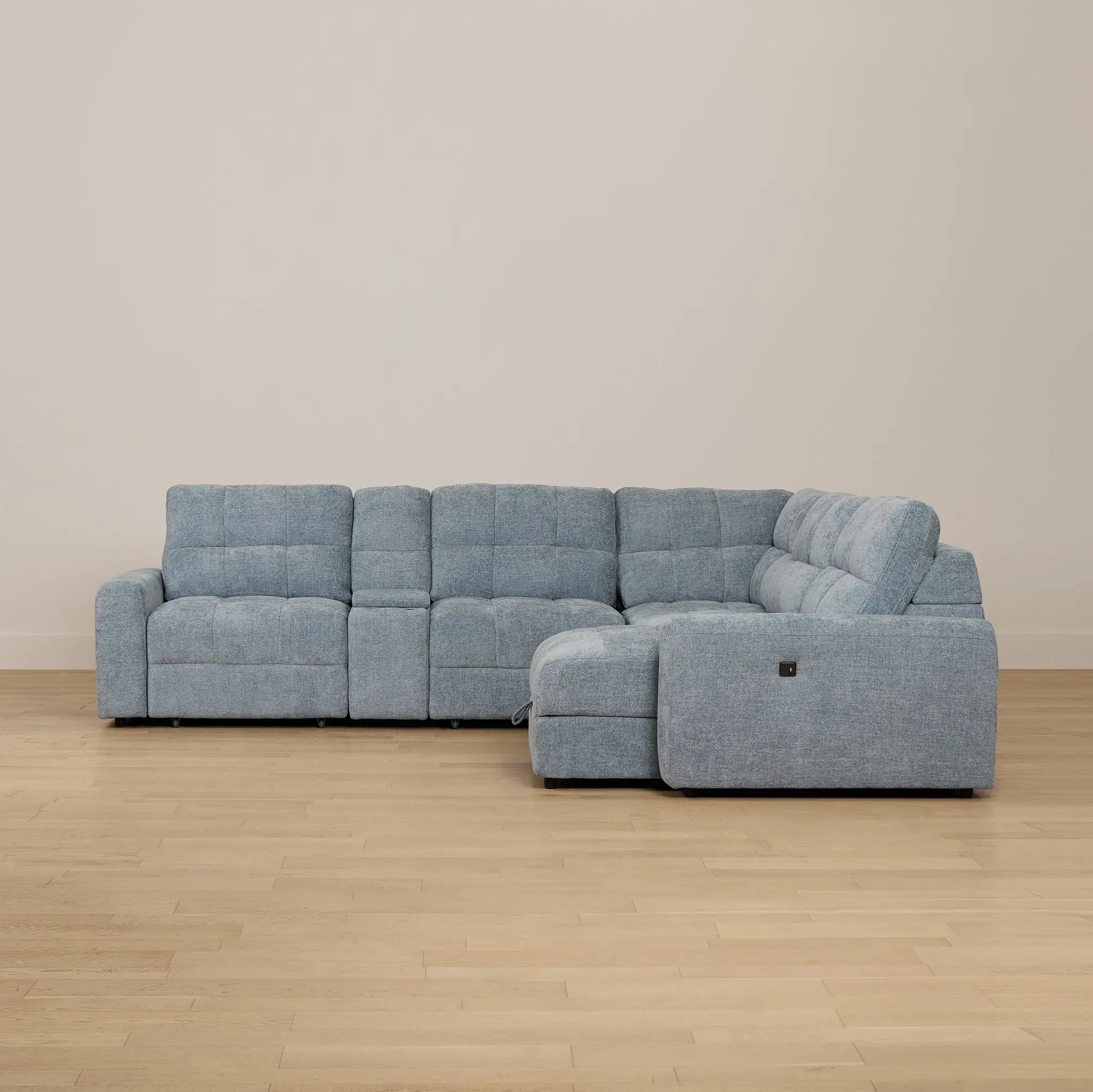 Hendrix Light Blue Fabric Small Dual Power Right Extension Chaise Sectional Hendrix Light Blue Fabric Small Dual Power Right Extension Chaise Sectional