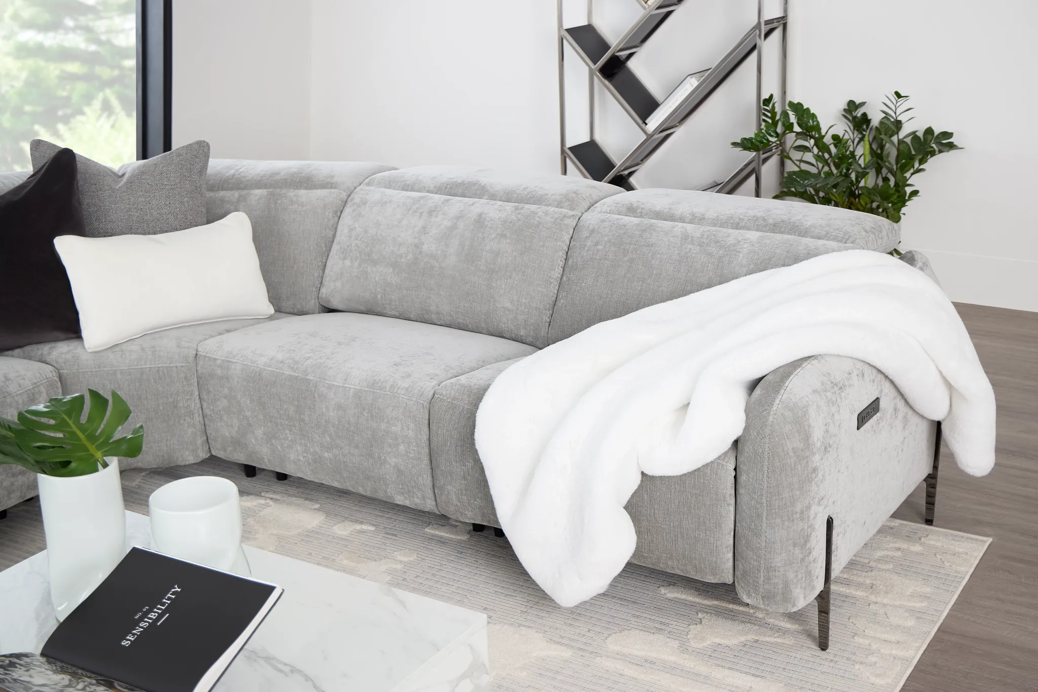 Zuri Gray Velvet Small Triple Power Reclining Two-arm Sectional