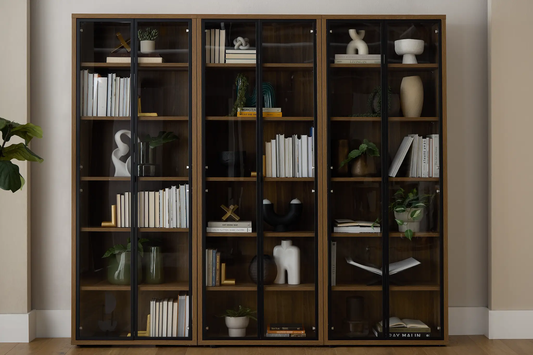 Trento Mid Tone Glass Small Door Bookcase Wall Trento Mid Tone Glass Small Door Bookcase Wall