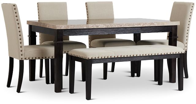 Portia Dark Tone Marble Table, 4 Chairs & Bench (2)