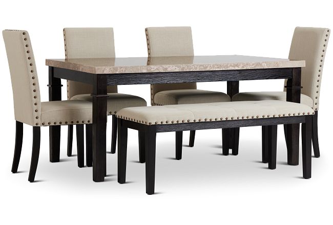 Portia Dark Tone Marble Table, 4 Chairs & Bench