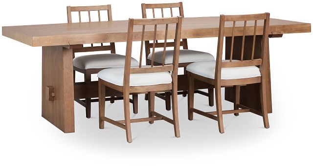 Provo Mid Tone Trestle Table & 4 White Upholstered Chairs