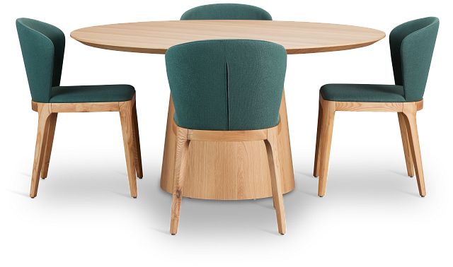 Nomad Light Tone 59" Round Table & 4 Dark Green Chairs W/light Tone Leg