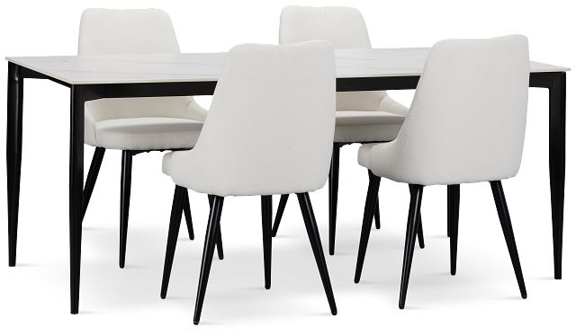 Andover White Rect Table & 4 White Upholstered Curved Chairs