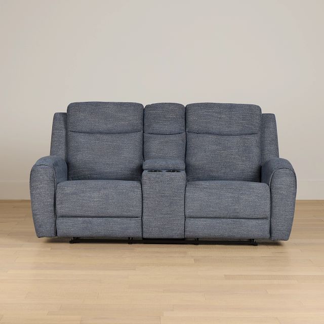 Walker Blue Fabric Reclining Console Loveseat