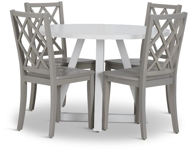 Edgartown White Round Table & 4 Light Gray Wood Chairs
