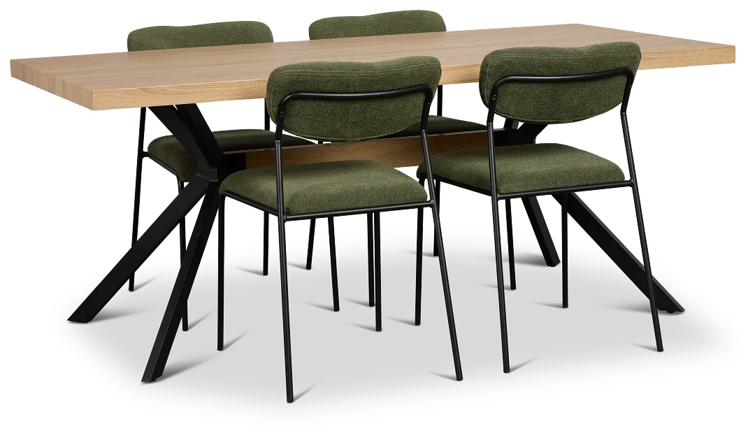 Lynden Light Tone Rect Table & 4 Green Metal Upholstered Side Chairs