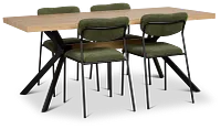 Lynden Light Tone Rect Table & 4 Green Metal Upholstered Side Chairs