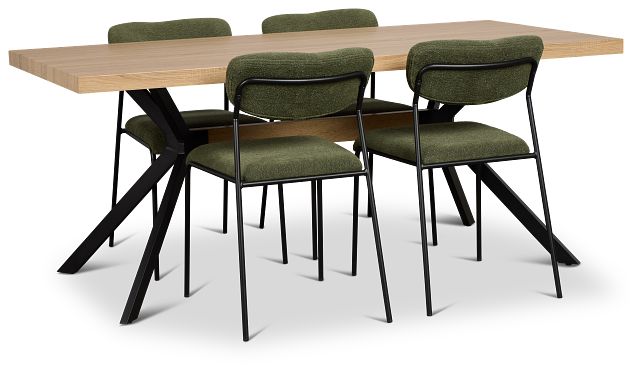 Lynden Light Tone Rect Table & 4 Green Metal Upholstered Side Chairs