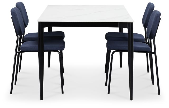 Andover White Rect Table & 4 Dark Blue Upholstered Chairs