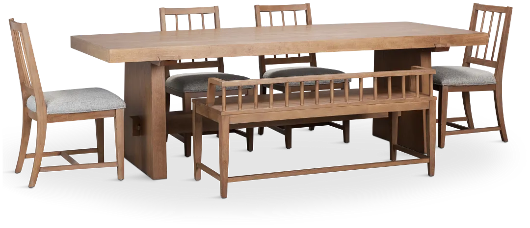 Provo Mid Tone Trestle Table, 4 Gray Chairs & Bench