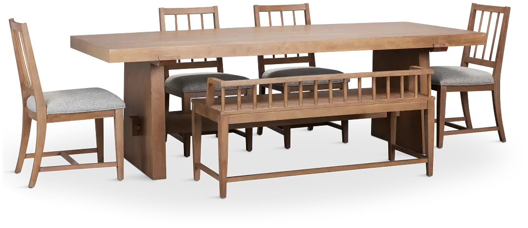 Provo Mid Tone Trestle Table, 4 Gray Chairs & Bench Provo Mid Tone Trestle Table, 4 Gray Chairs & Bench